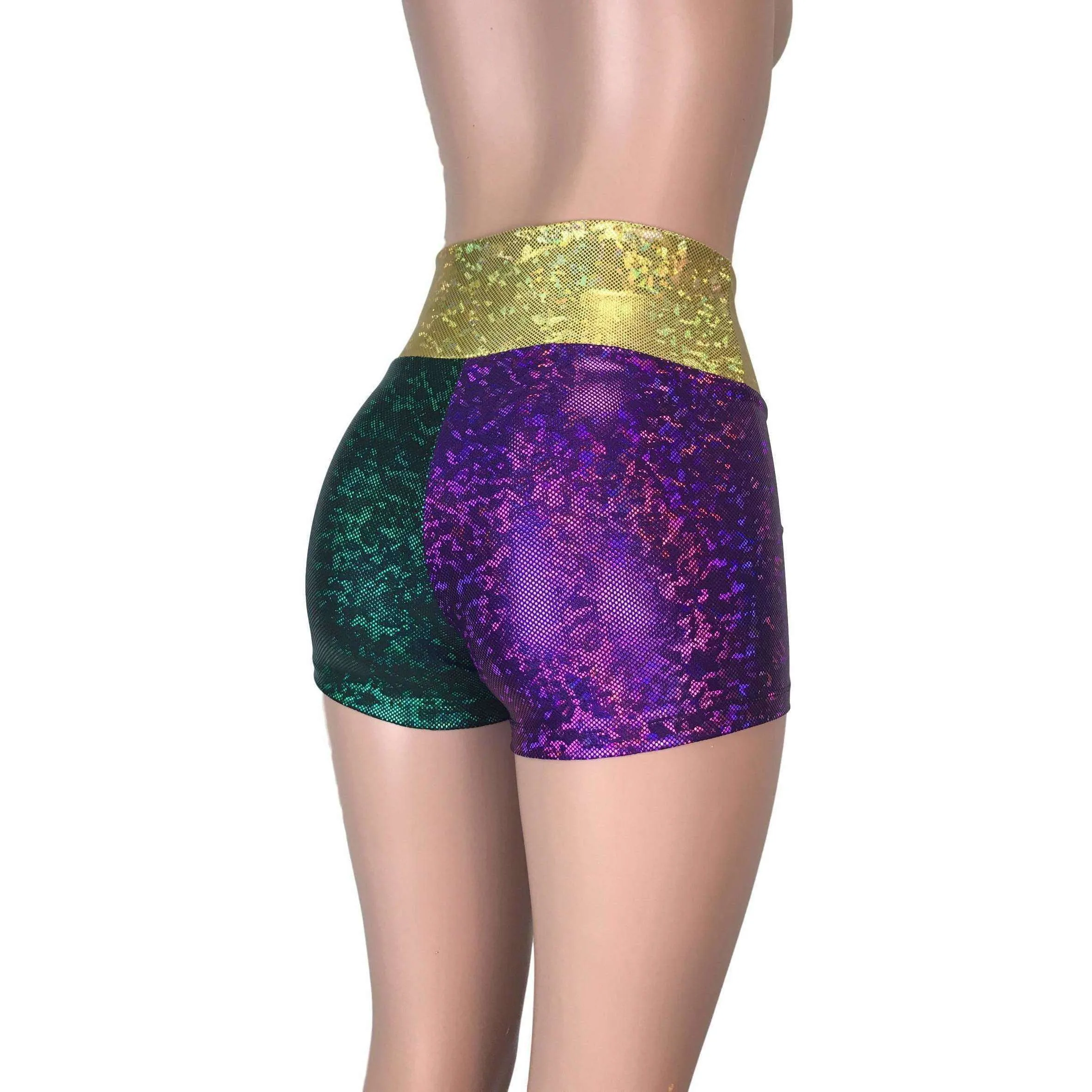 High Waisted Mardi Gras Booty Shorts - Holographic