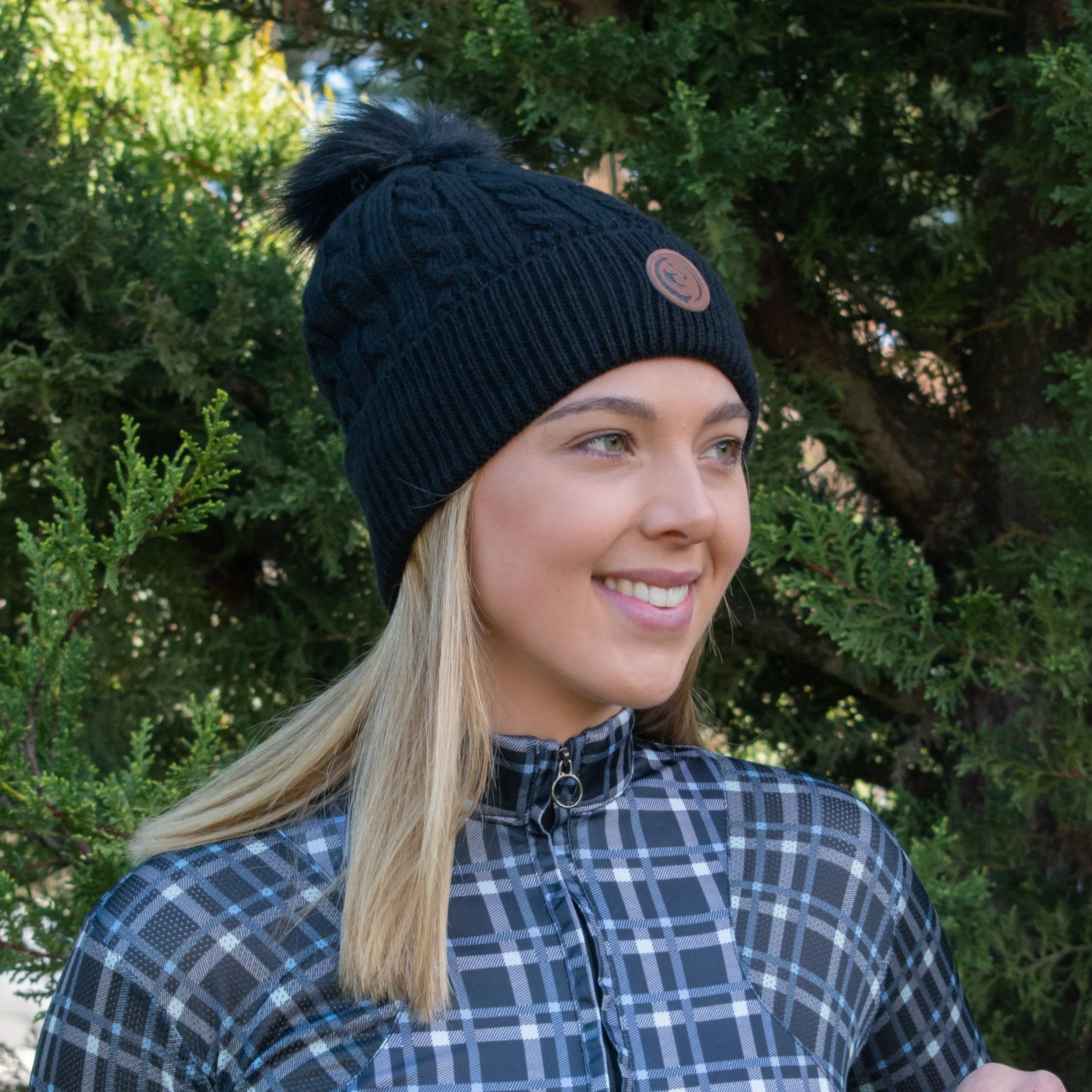 Logo Cable Pom Pom Beanie - Black