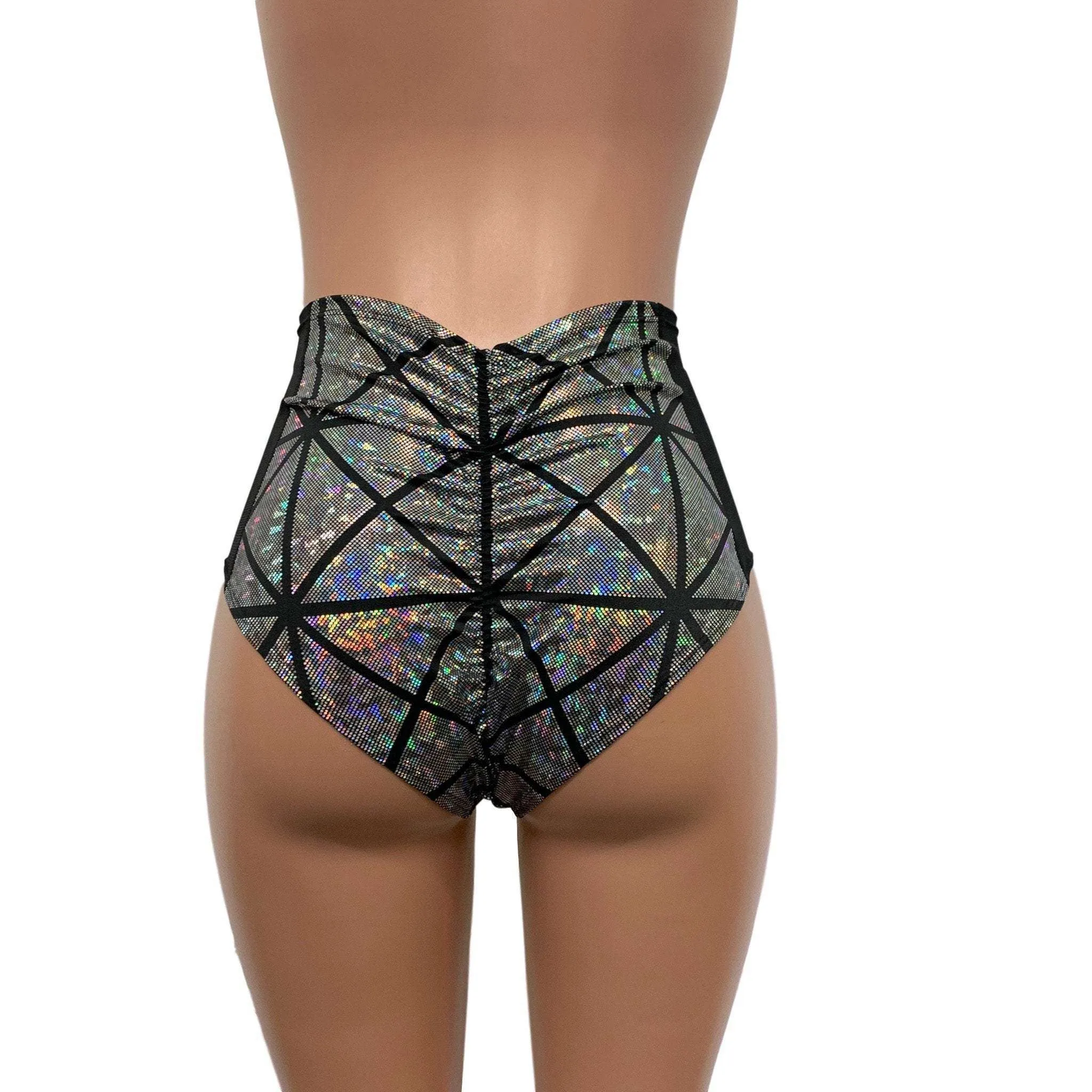 Mesh Side Scrunch Bikini - Silver Glass Pane Holographic