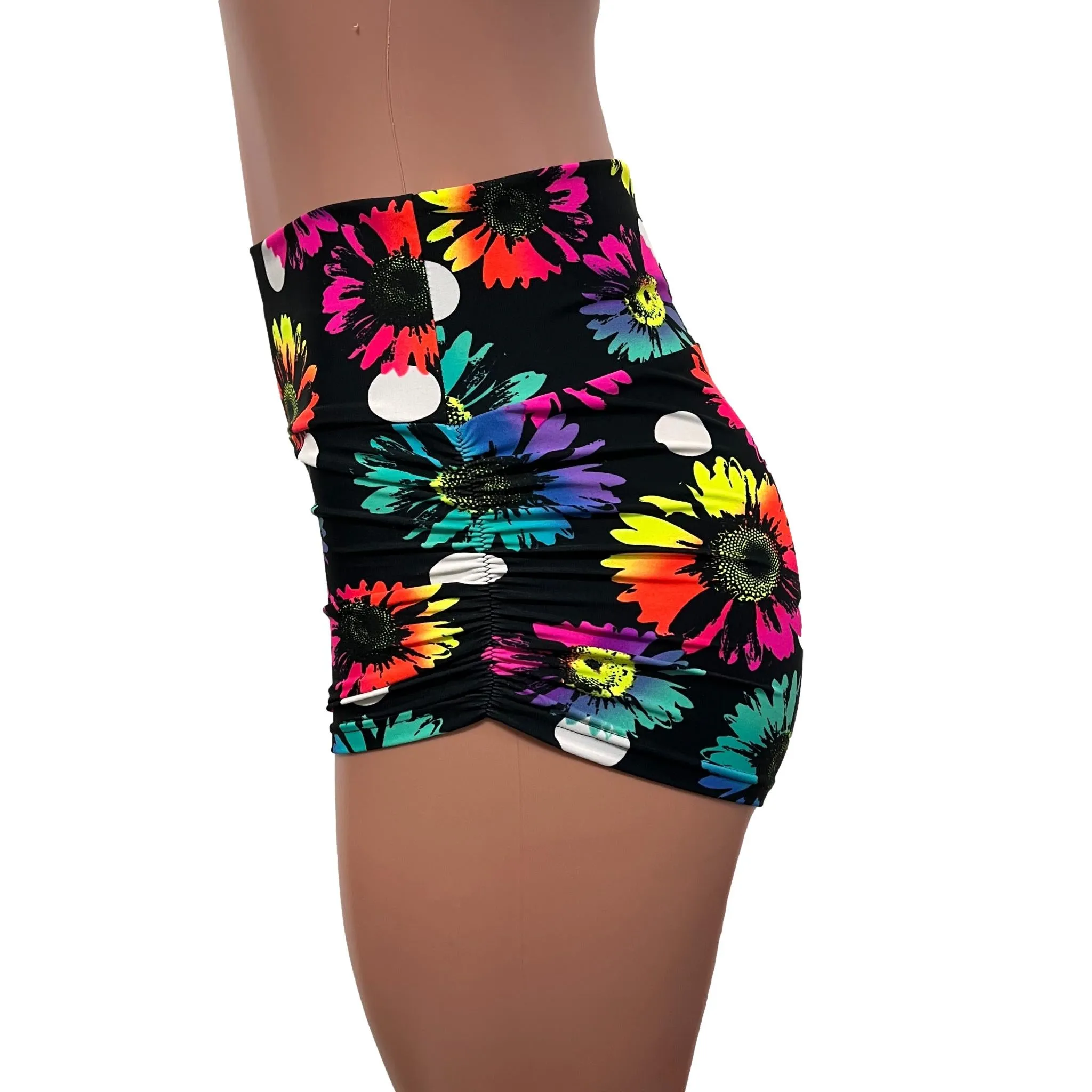 Polka Dot Electric Daisy Neon Floral Ruched Booty Shorts