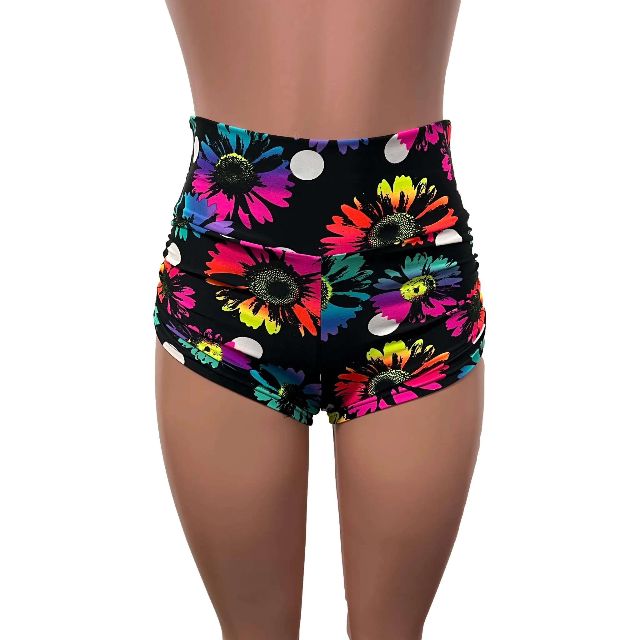 Polka Dot Electric Daisy Neon Floral Ruched Booty Shorts