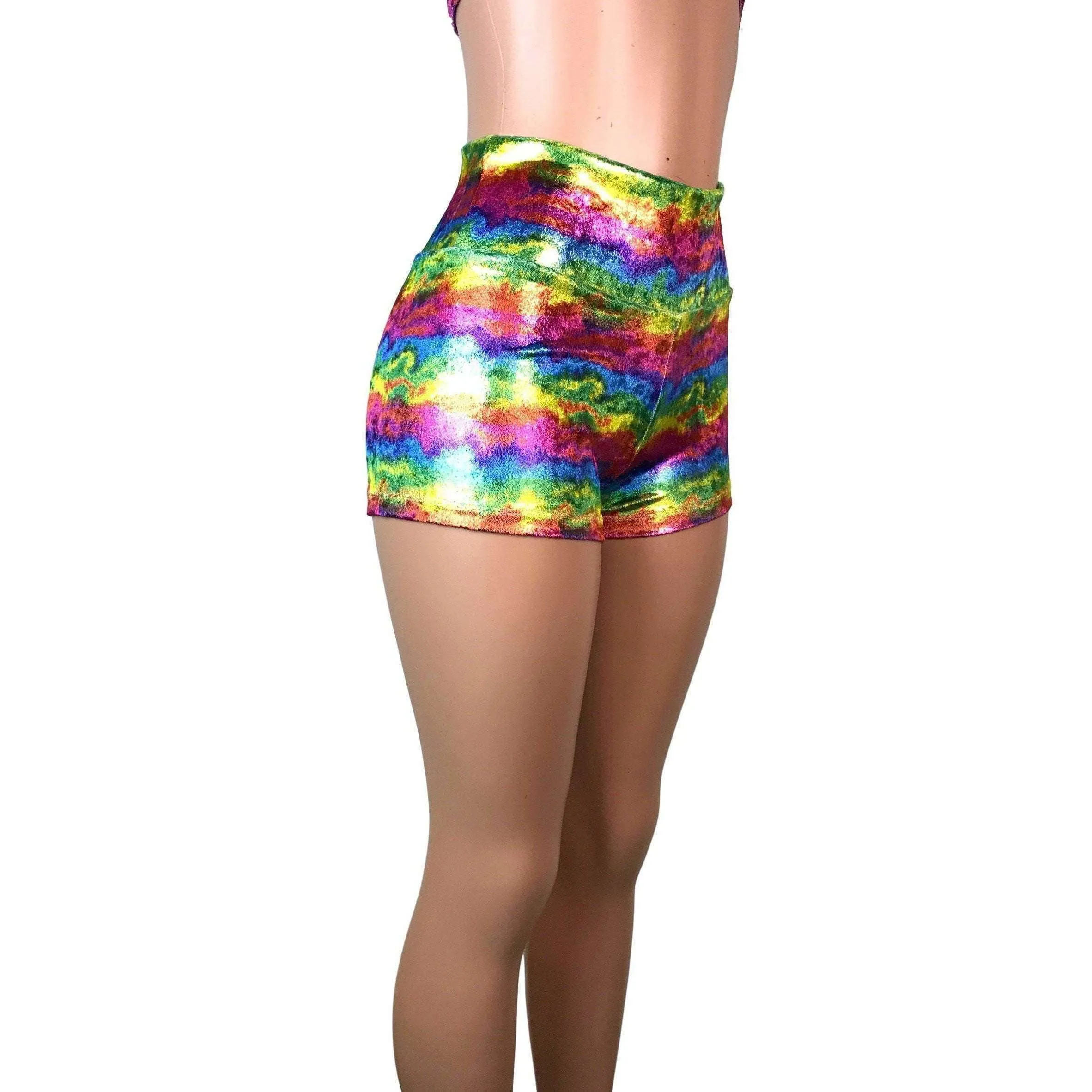 SALE - High Waisted Booty Shorts - Rainbow Metallic Velvet