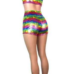 SALE - High Waisted Booty Shorts - Rainbow Metallic Velvet