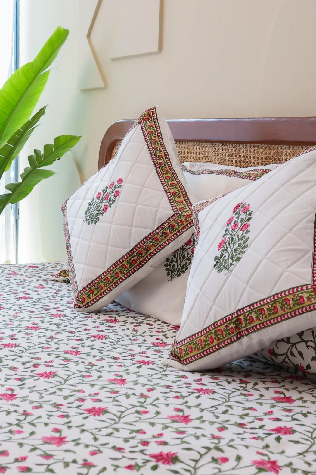 Serene Garden Hand Block Print Premium Cotton Bedsheet with 2 Pillow Covers & 2 Cushion Covers