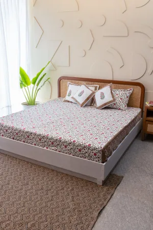 Serene Garden Hand Block Print Premium Cotton Bedsheet with 2 Pillow Covers & 2 Cushion Covers