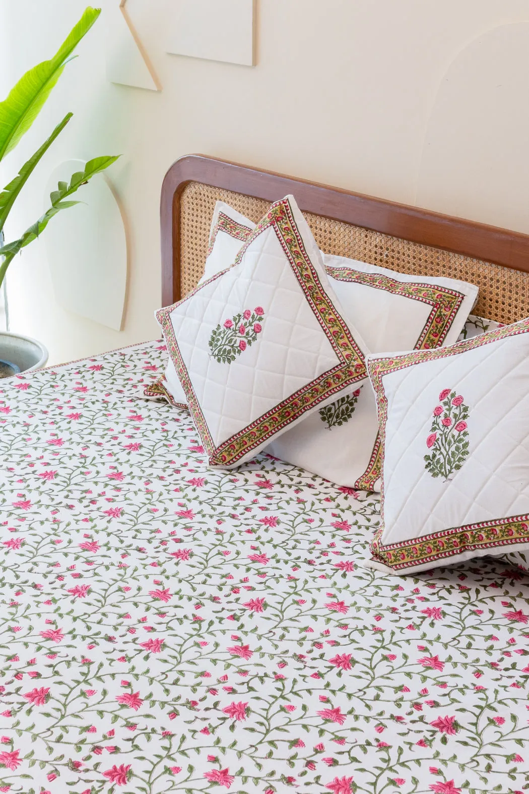 Serene Garden Hand Block Print Premium Cotton Bedsheet with 2 Pillow Covers & 2 Cushion Covers