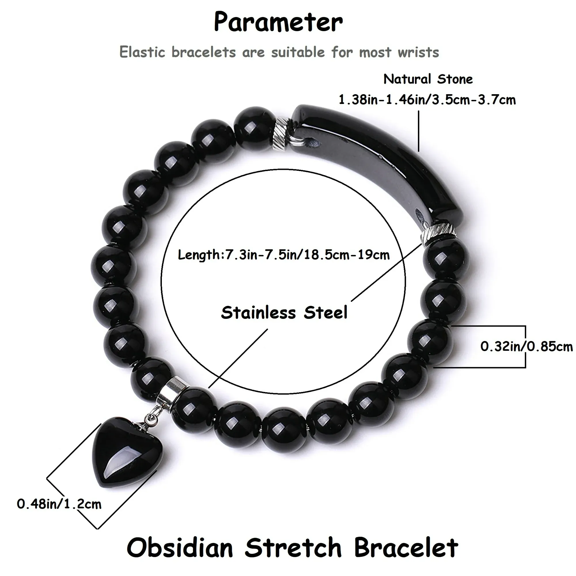 VINCHIC 8MM Obsidian Bracelet Love Heart Charm Stretch Bracelet Jade Energy Bracelet for Women Girls